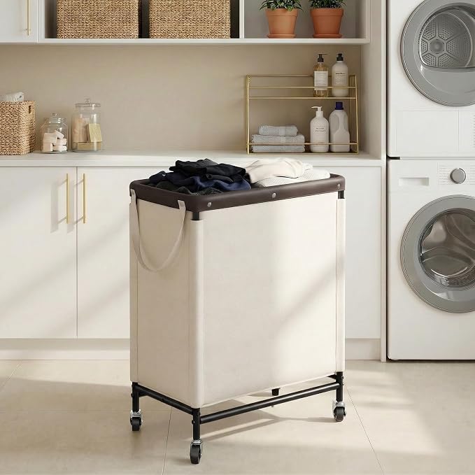 StorageWorks 2 Section Laundry Hamper, 100L Beige Sorter Cart - Image 6