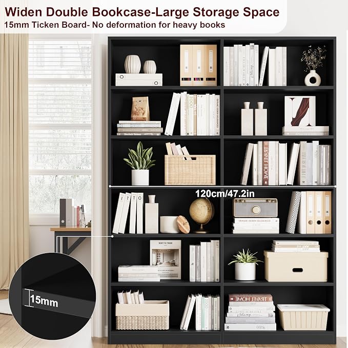 FACBOTALL Bookshelf and Bookcase, 6-Tier Double Wide Bookshelves, Freestanding - Image 6