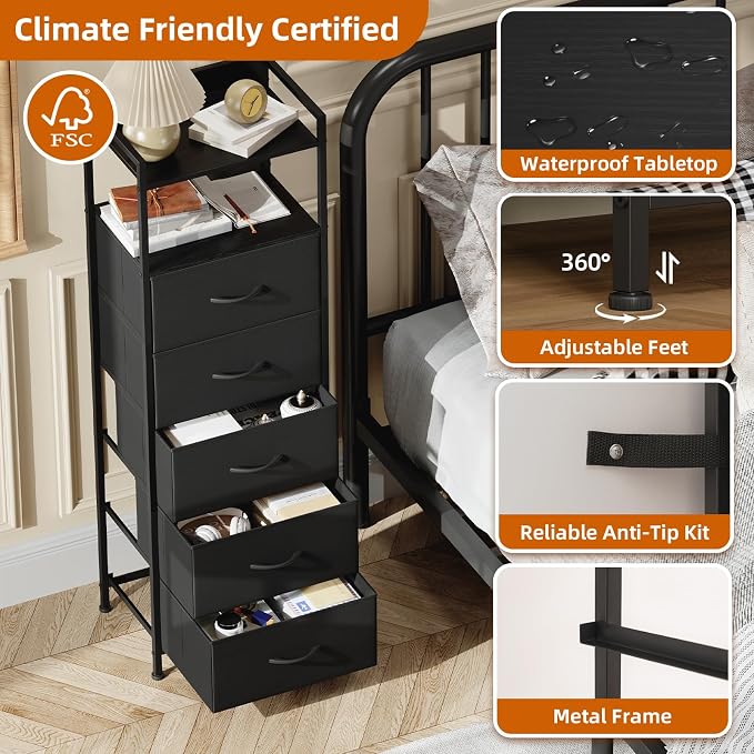 Somdot Tall Nightstand with 5 Drawers, Vertical Fabric Dresser - Image 6