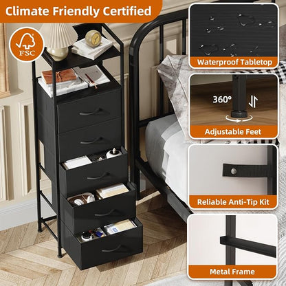 Somdot Tall Nightstand with 5 Drawers, Vertical Fabric Dresser - Image 6