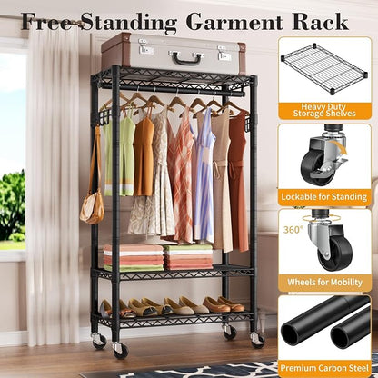 Heavy Duty Clothes Rack Rolling Garment Rack, 3 Tier Adjustable Wire Shelving - Image 3