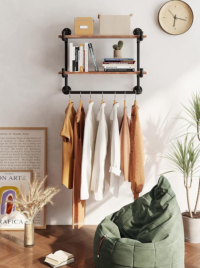 30in Industrial Pipe Clothing Rack, 2-Tier Wall Mounted Clothes Rack, Pipe - Image 3