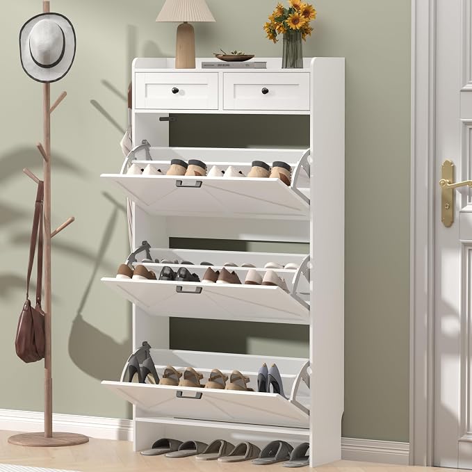 Thacuok Shoe Cabinet with 3 Flip Drawers & 2 Storage Drawers, Rustic Farmhouse - Image 3