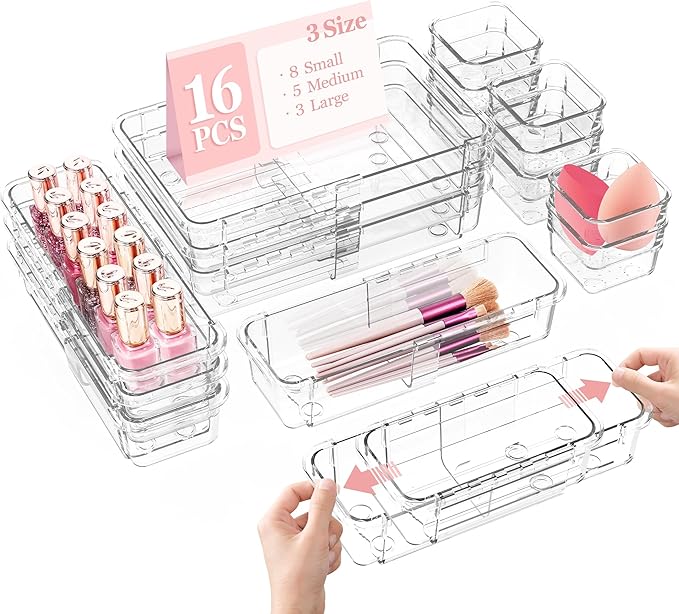 DILIBRA 16 Pcs Clear Extendable Drawer Organizer, Adjustable Drawer Storage by DILIBRA