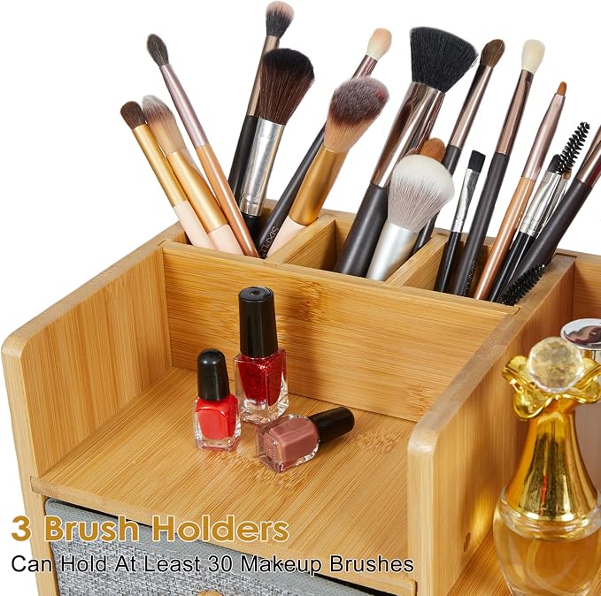Large Makeup Organizer For Vanity, Large Capacity 3 Tiers Bamboo Bathroom - Image 4