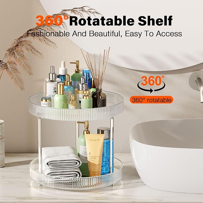 Acina 2-Tier Bathroom Countertop Organizer: 360° Clear Lazy Susan Rotating - Image 2