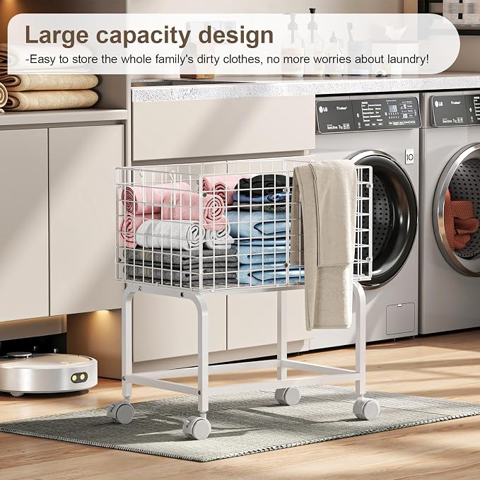 Wire Laundry Hamper Cart, 80L Laundry Hamper Trolley - Image 9