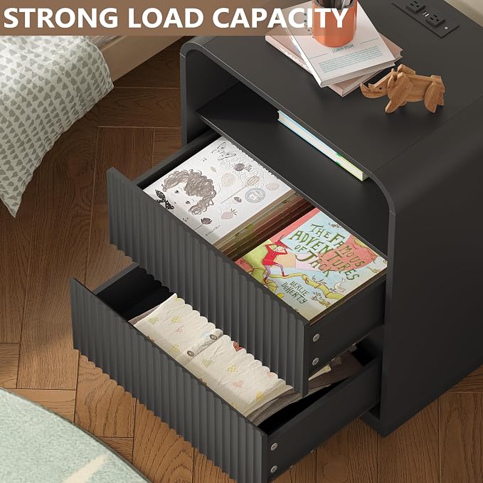 Dresser with 2 Drawers and Charging Station, Fluted Bedside Table with Round - Image 3