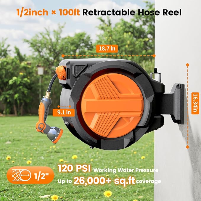 Retractable Garden Hose Reel 1/2” x 100ft, Auto Rewind Hose Reels - Image 2