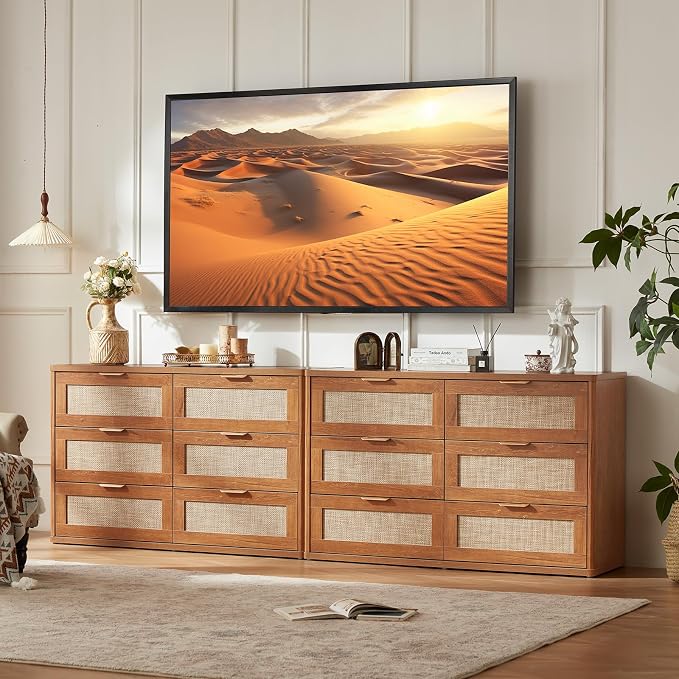 LEYAOYAO Rattan Dresser for Bedroom Set of 2, Boho 48" Wide 6 Drawer Dresser by LEYAOYAO-Findtheshiningpointofyourideallife%EF%BC%81