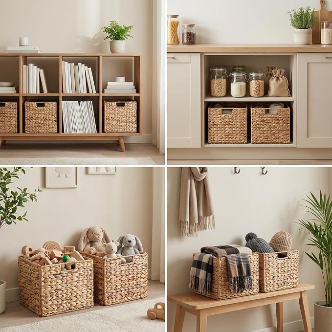 10.5 x 10.5in Wicker Storage Baskets, Cube Foldable Water Hyacinth Storage - Image 6