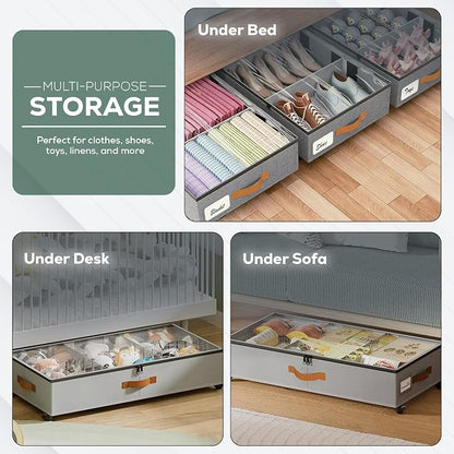 Under Bed Storage with Wheels, 2 Pack| Low Profile Storage Organizer with Clear - Image 6