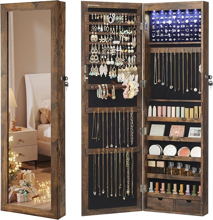 SONGMICS 6 LEDs Mirror Jewelry Cabinet, 47.2-Inch Tall Lockable Wall or Door by SONGMICSbySONGMICSHOME