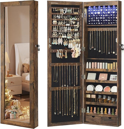 SONGMICS 6 LEDs Mirror Jewelry Cabinet, 47.2-Inch Tall Lockable Wall or Door by SONGMICSbySONGMICSHOME