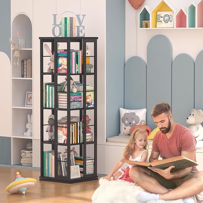 Aheaplus Rotating Bookshelf, Corner Bookshelf, 360 Display Wood Spinning - Image 5