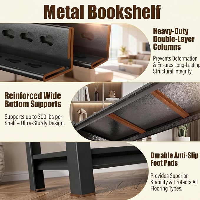 2 Tier Metal Bookshelf, Adjustable Tall Bookcase, Heavy Duty 1200 LBS Modern - Image 7