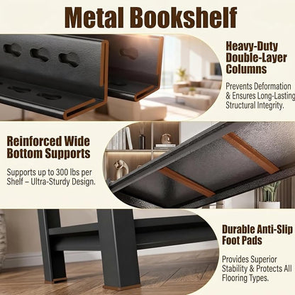 2 Tier Metal Bookshelf, Adjustable Tall Bookcase, Heavy Duty 1200 LBS Modern - Image 7
