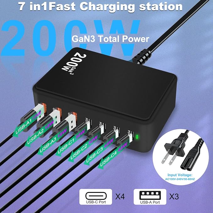 USB C Charger Charging Station 200W 7-Port GaN Fast Charging Block PD 3.0 TypeC - Image 3