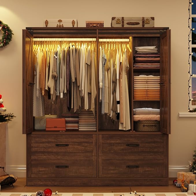 Farmhouse 4 Doors Armoire Wardrobe Closet w/Folding Sliding Barn Door and Lights - Image 6