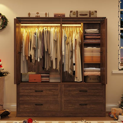Farmhouse 4 Doors Armoire Wardrobe Closet w/Folding Sliding Barn Door and Lights - Image 6