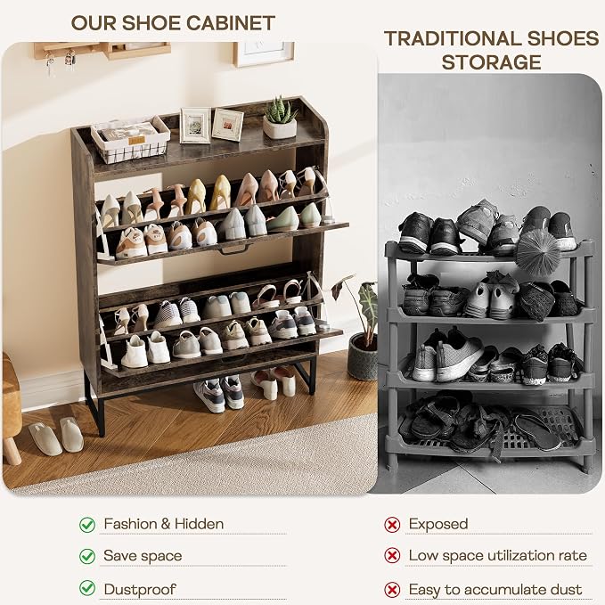 Nicetree Shoe Cabinet with 2 Flip Drawers, Entryway Organizer, Chestnut | Slim - Image 8