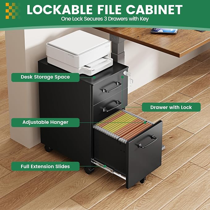 3 Drawer Slim File Cabinet, Mobile Filing Cabinet - Image 9