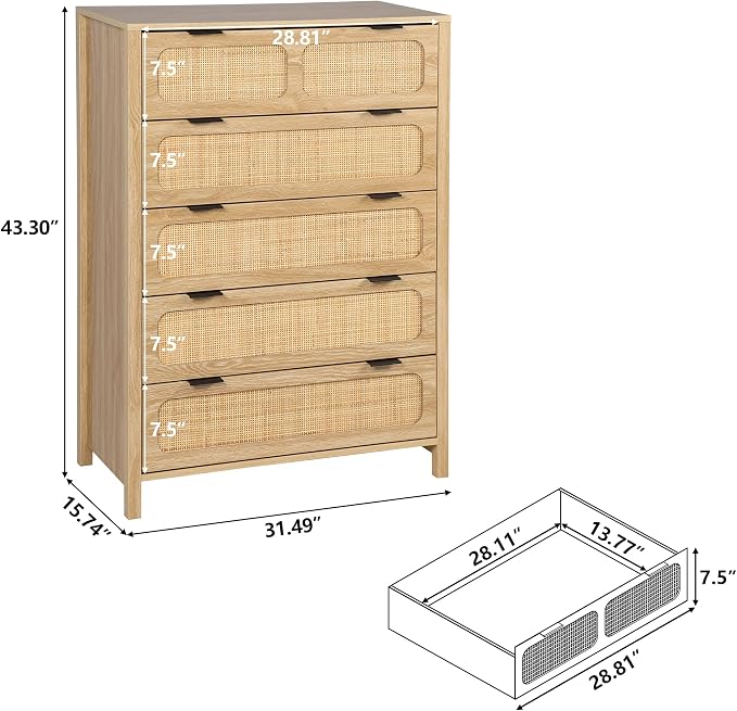5 Drawer Dresser with Rattan Finish, Modern Farmhouse Chest of Drawers with - Image 2