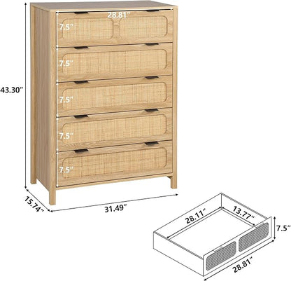 LEVNARY 5 Drawer Chest Dresser, Rattan Tall Dresser 5 Chest of Drawers Dressers - Image 2