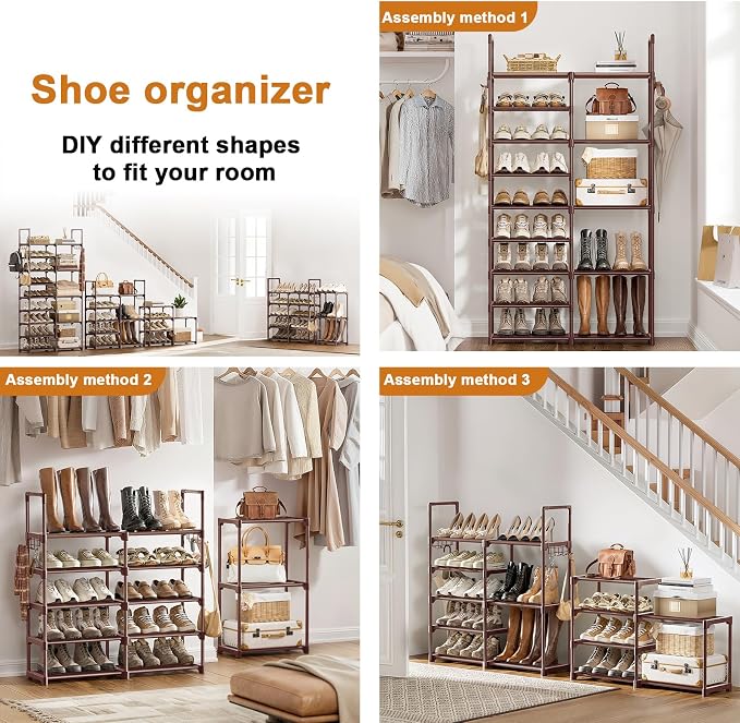 WOWLIVE 9 Tier 2-Column Shoe Rack, 30-35 Pairs Stackable Brown | Compact - Image 5