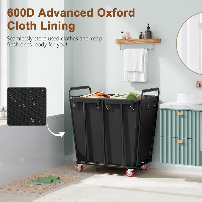 Hoctieon 2 Section Laundry Sorter Cart, 400L Rolling Hamper - Image 8