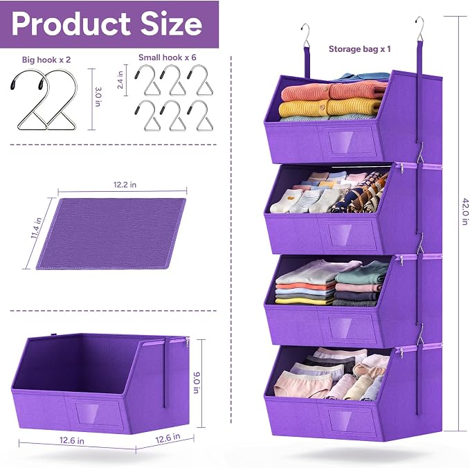 4-Tier Hanging Closet Organizer, Detachable Hanging Storage Shelves - Image 3