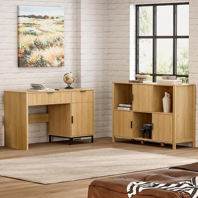 Fluted Storage Bookshelf Set of 2, Modern Wooden 6 Cube Bookcase - Image 6