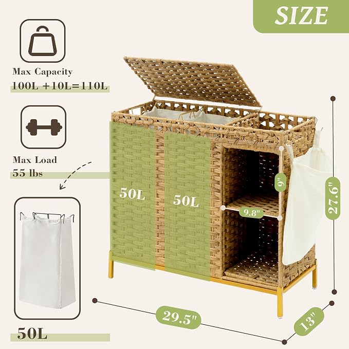 Laundry Hamper with Lid, 110L Rattan Laundry Hamper 2 Section with 50L Storage - Image 3