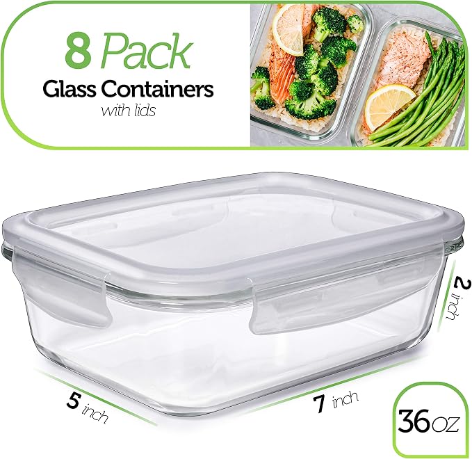 PrepNaturals 8 Pack 36oz Glass Meal Prep Containers - Image 2