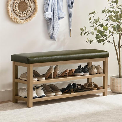 Zihanhome Shoe Rack Bench with Leather Cushion, 2 Tier Solid Wood Storage Bench - Image 3