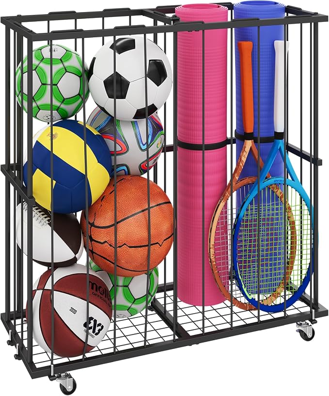 Large Garage Ball Storage, Rolling Floor Sports Equipment Organizer: - Image 9