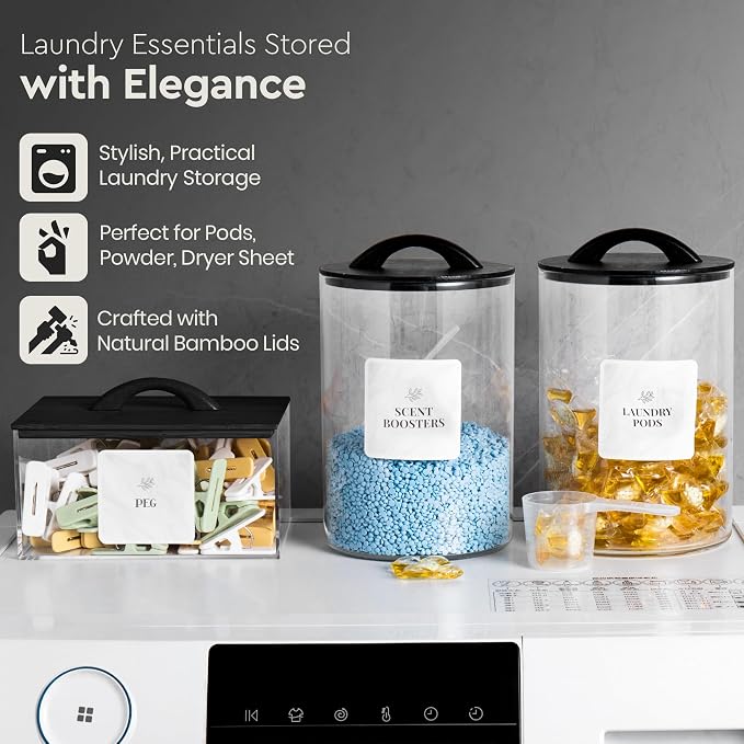 Laundry Pod Storage Container Set | Two 3L Glass Jars & One Acrylic Dryer Sheet - Image 5