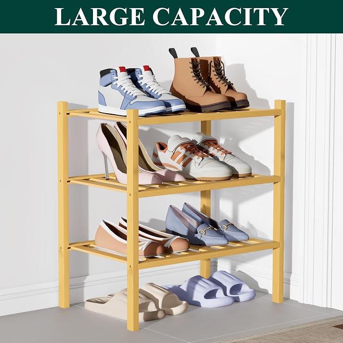 Smiry Bamboo Shoe Rack for Closet, 3 Tier Small Wooden Stackable Shoe Organizer - Image 5