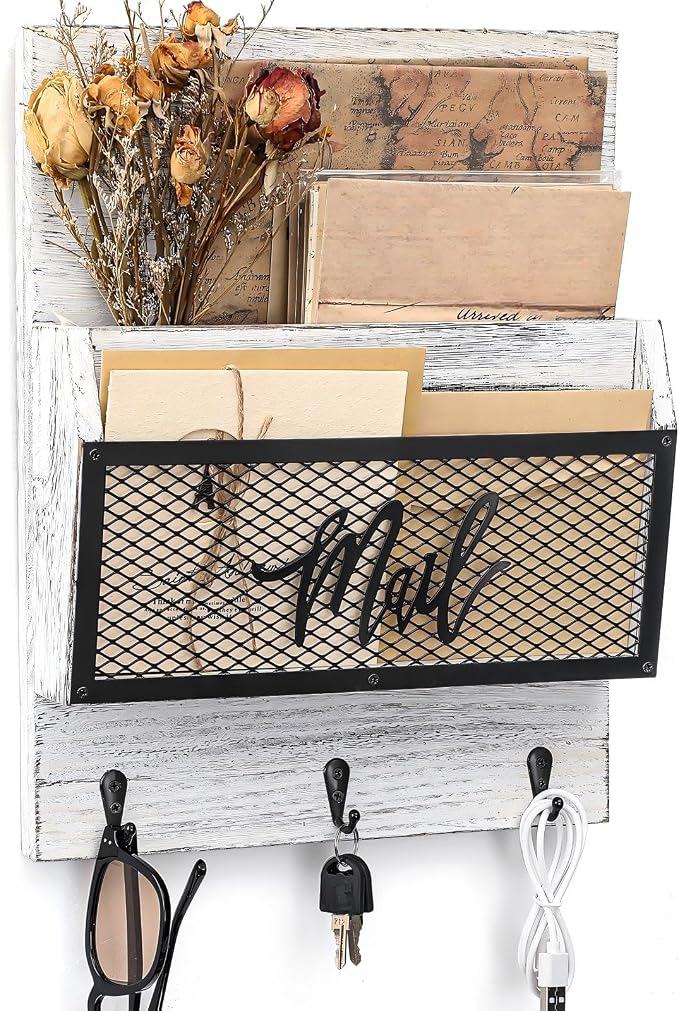 Yalikop Farmhouse Mail Organizer Wall Mounted Rustic Mail Holder Hanging Key by Yalikop