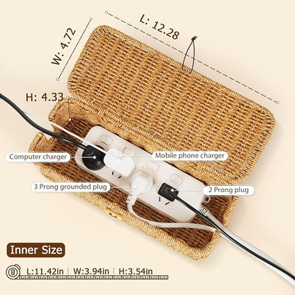 Cable Management Box, Handwoven Faux Rattan Cord Organizer Box - Image 2
