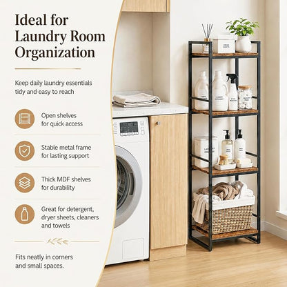 BYFU 4 Tier Bathroom Storage Open Shelf Rustic Brown Metal Corner Rack | 46.1" - Image 4