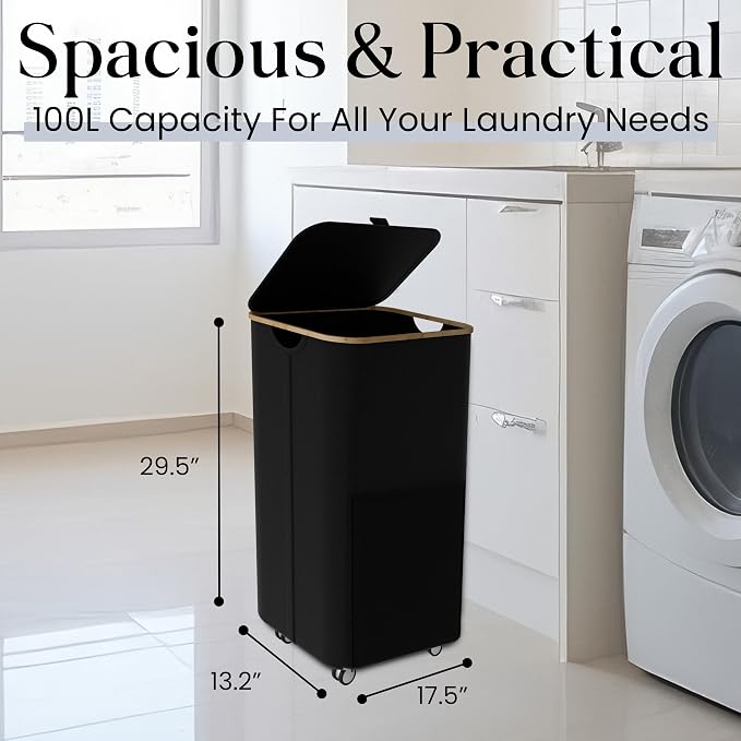 Laundry Basket with Wheels and Handle - 100L Bamboo-Fabric Laundry Hamper with - Image 5
