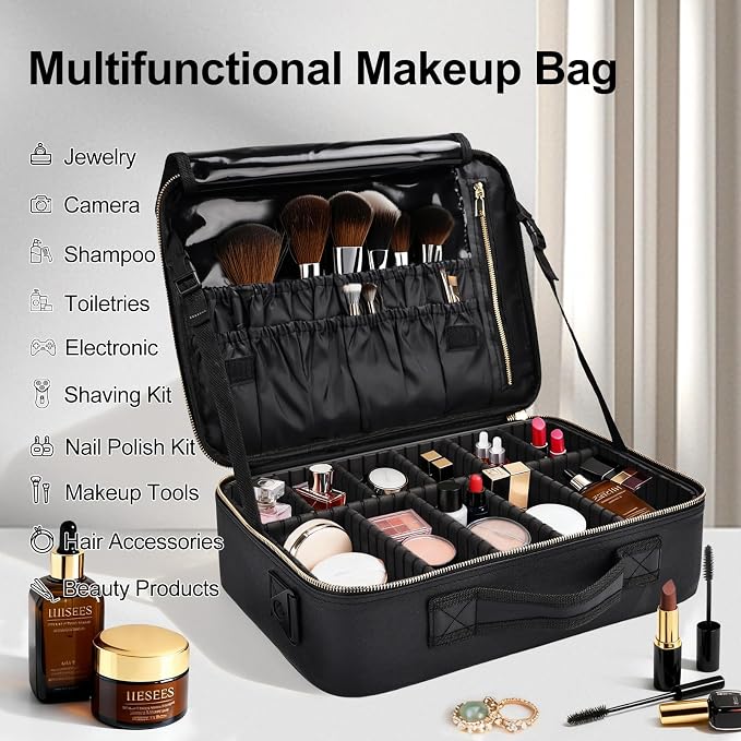 Travel Makeup Bag with Brush Holder, Professional Cosmetic Train Case Organizer - Image 5