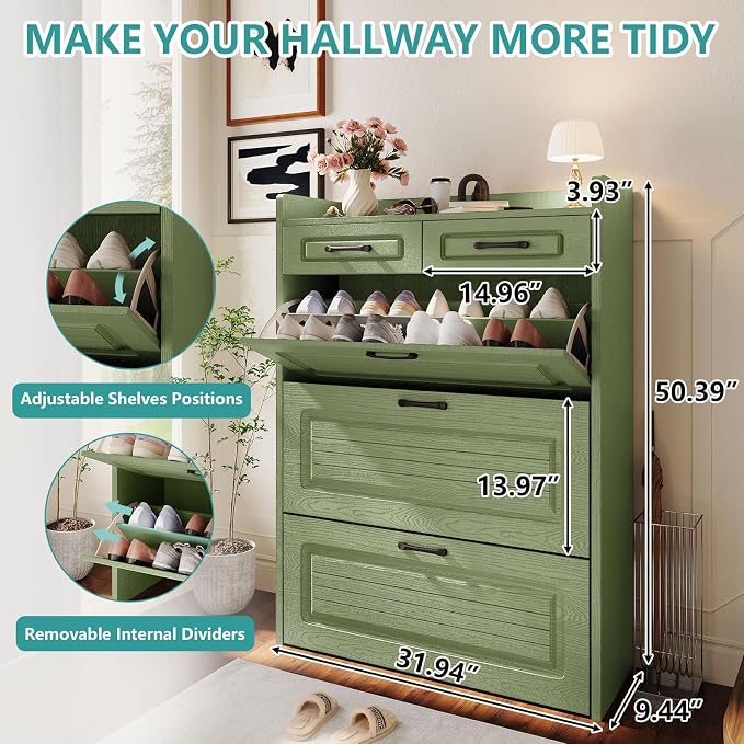 Shoe Cabinet with 3 Large Flip Drawers and 2 Storage Drawers, Narrow Shoe - Image 2