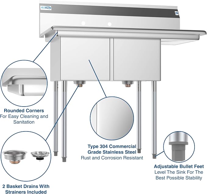 KoolMore 2 Compartment Stainless Steel NSF Commercial Kitchen Prep & Utility - Image 3