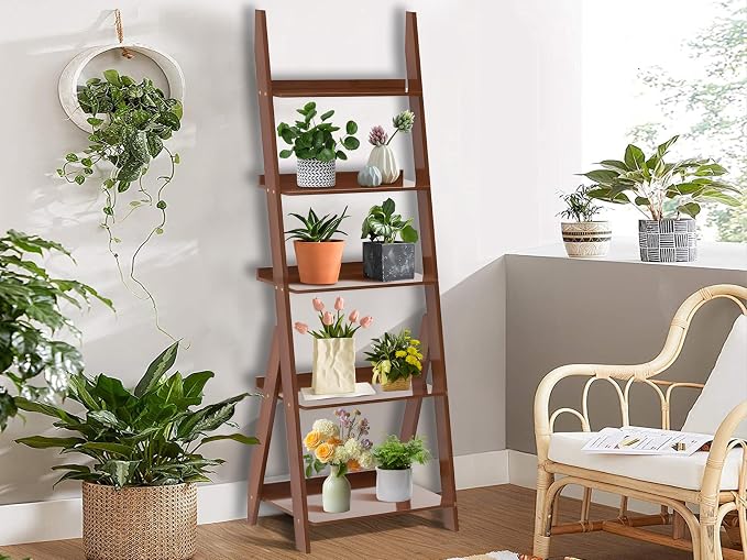 DOUSY-5-Tier Ladder Shelf Bookcase, Bamboo Ladder Bookshelf Leaning Book Shelf - Image 7
