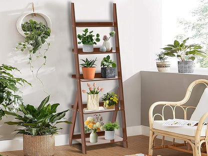 DOUSY-5-Tier Ladder Shelf Bookcase, Bamboo Ladder Bookshelf Leaning Book Shelf - Image 7