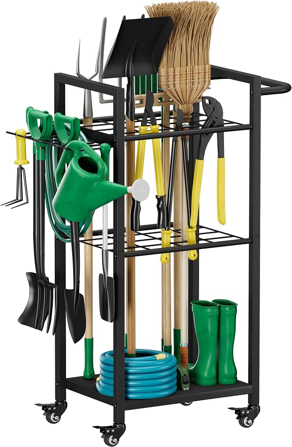Garden Tool Organizer with Wheels, Heavy Duty 3 Tier Metal Yard Tool Storage by Unknown