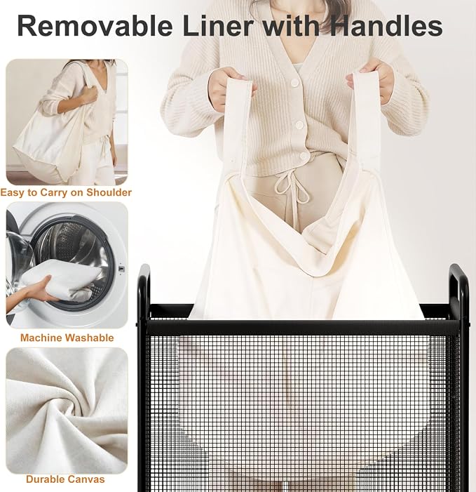 WOWLIVE Laundry Hamper 3 Section, 120L Rolling Laundry Basket - Image 3