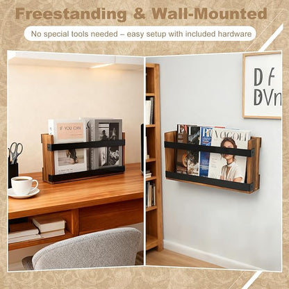 Wood Magazine Holders Wall & Bathroom Magazine Rack, Pine Wood + Black Metal - Image 3